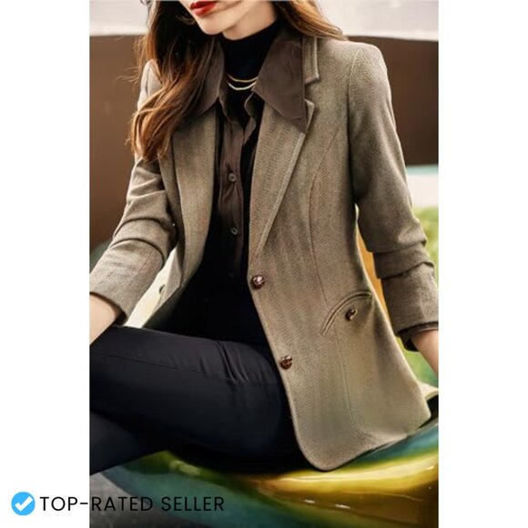 Classic Slim Fit Wool Blend Blazer Notched Lapel Herringbone Plaid Office Chic - Picture 5 of 6